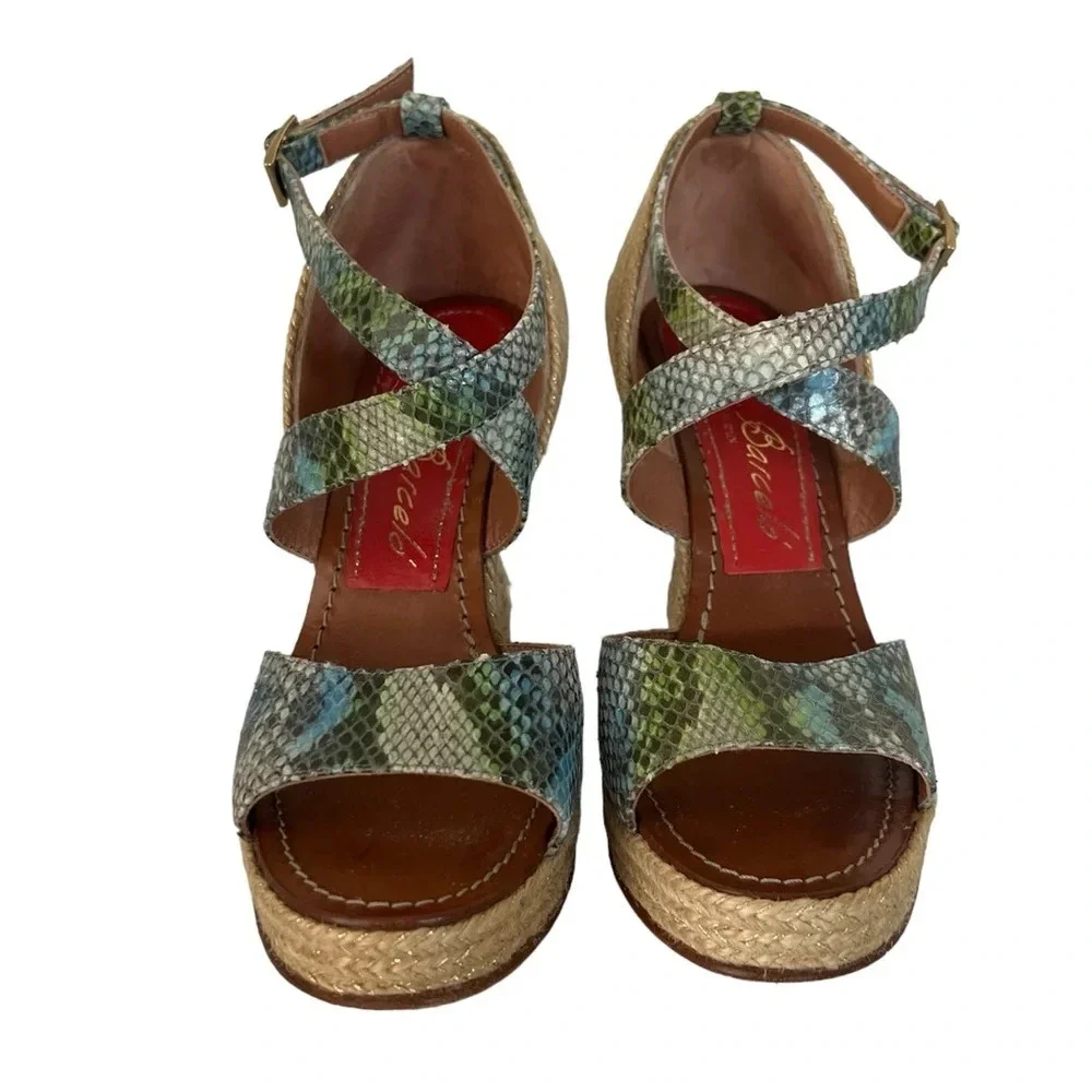 Paloma‎ Barcelo Snakeskin 4” Funky Shape Espadrille Wedge Strap Sandals size 10